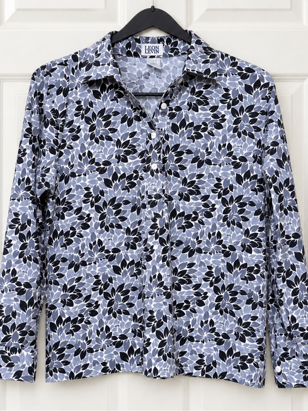 Leon Levin Petite PM Floral Button Front Long Sleeve Blouse Black Gray
